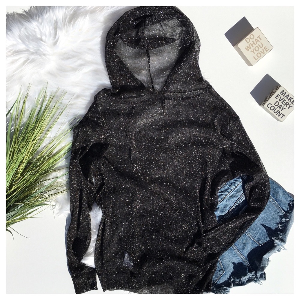 MAJE METALLIC BLACK SHEER HOODED SWEATSHIRT - Picture 6 of 6